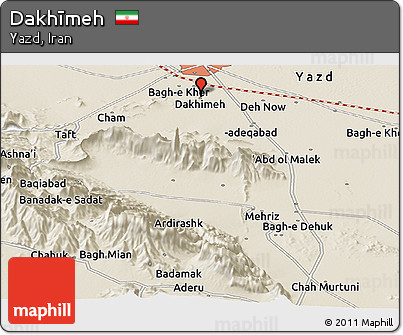 Shaded Relief Panoramic Map of Dakhīmeh