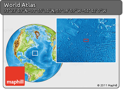 Physical Location Map of the Area around 31° 39' 38" N, 55° 10' 29" W