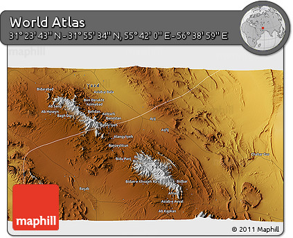 Physical 3D Map of the Area around 31° 39' 38" N, 56° 10' 29" E