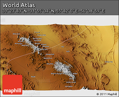 Physical 3D Map of the Area around 31° 39' 38" N, 56° 10' 29" E