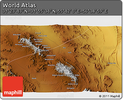 Physical 3D Map of the Area around 31° 39' 38" N, 56° 10' 29" E