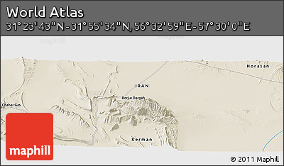 Shaded Relief Panoramic Map of the Area around 31° 39' 38" N, 57° 1' 29" E