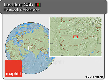 Savanna Style Location Map of Lashkar Gāh, hill shading