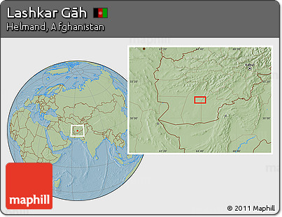 Savanna Style Location Map of Lashkar Gāh, hill shading