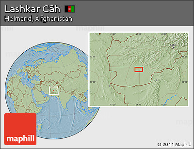 Savanna Style Location Map of Lashkar Gāh, hill shading