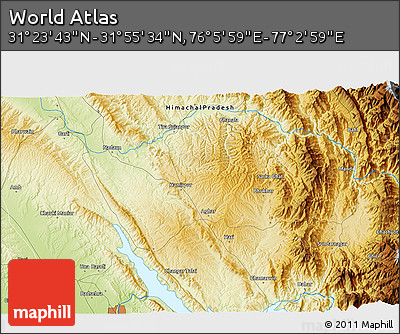 Physical 3D Map of the Area around 31° 39' 38" N, 76° 34' 29" E