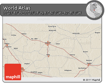 Shaded Relief 3D Map of the Area around 31° 39' 38" N, 83° 13' 29" W