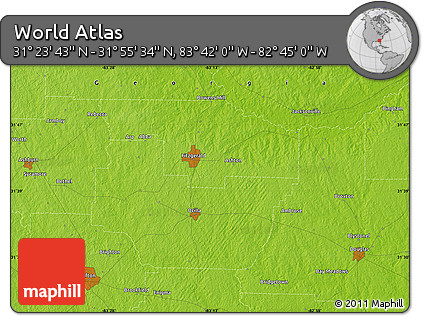 Physical Map of the Area around 31° 39' 38" N, 83° 13' 29" W