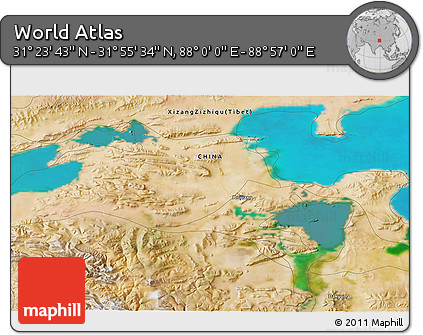 Satellite 3D Map of the Area around 31° 39' 38" N, 88° 28' 29" E