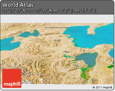 Satellite 3D Map of the Area around 31° 39' 38" N, 88° 28' 29" E