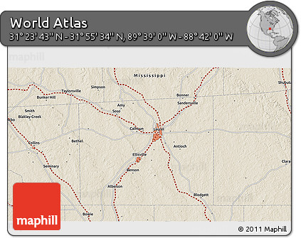 Shaded Relief 3D Map of the Area around 31° 39' 38" N, 89° 10' 30" W