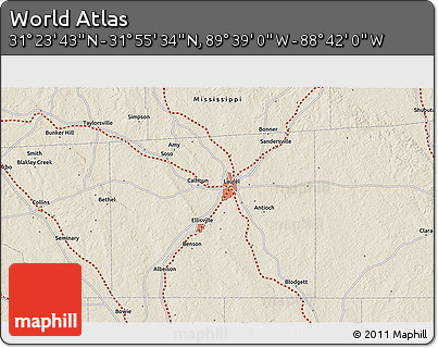 Shaded Relief 3D Map of the Area around 31° 39' 38" N, 89° 10' 30" W