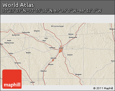 Shaded Relief 3D Map of the Area around 31° 39' 38" N, 89° 10' 30" W