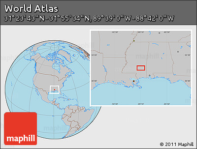 Gray Location Map of the Area around 31° 39' 38" N, 89° 10' 30" W