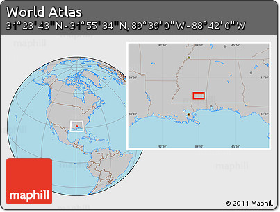 Gray Location Map of the Area around 31° 39' 38" N, 89° 10' 30" W