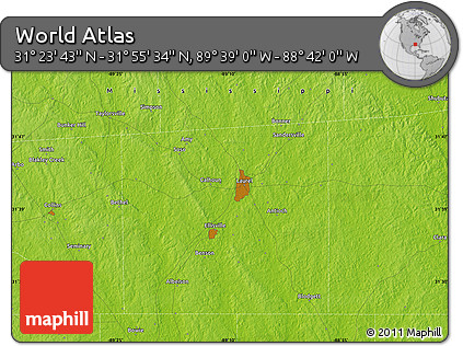 Physical Map of the Area around 31° 39' 38" N, 89° 10' 30" W