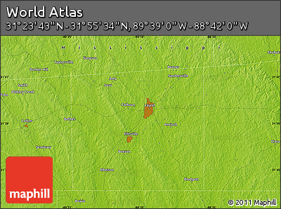 Physical Map of the Area around 31° 39' 38" N, 89° 10' 30" W