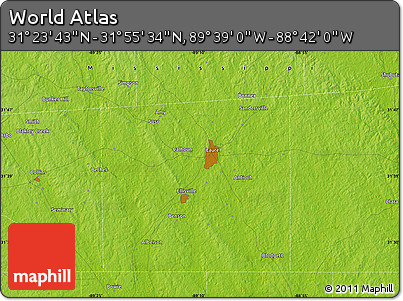 Physical Map of the Area around 31° 39' 38" N, 89° 10' 30" W