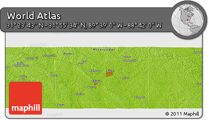 Physical Panoramic Map of the Area around 31° 39' 38" N, 89° 10' 30" W
