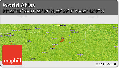 Physical Panoramic Map of the Area around 31° 39' 38" N, 89° 10' 30" W