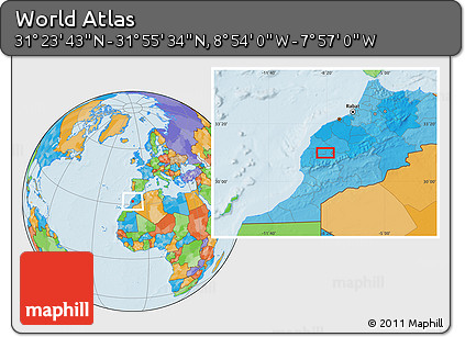 Political Location Map of the Area around 31° 39' 38" N, 8° 25' 30" W