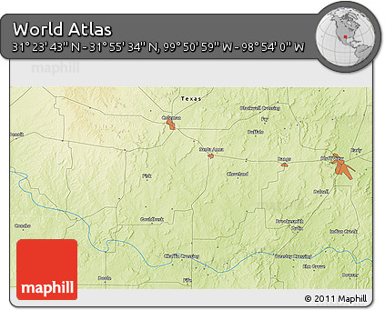 Physical 3D Map of the Area around 31° 39' 38" N, 99° 22' 30" W