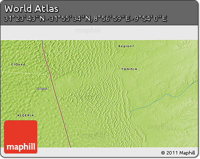 Physical 3D Map of the Area around 31° 39' 38" N, 9° 25' 30" E