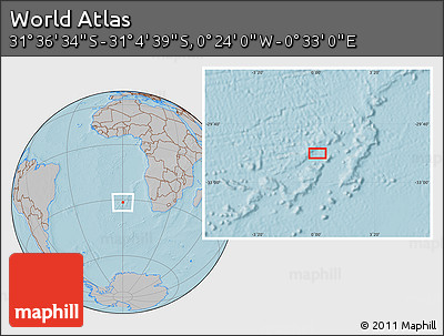 Gray Location Map of the Area around 31° 20' 36" S, 0° 4' 30" E, hill shading