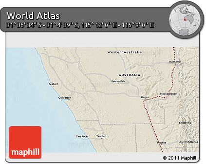 Shaded Relief 3D Map of the Area around 31° 20' 36" S, 115° 40' 30" E