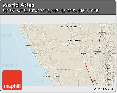 Shaded Relief 3D Map of the Area around 31° 20' 36" S, 115° 40' 30" E