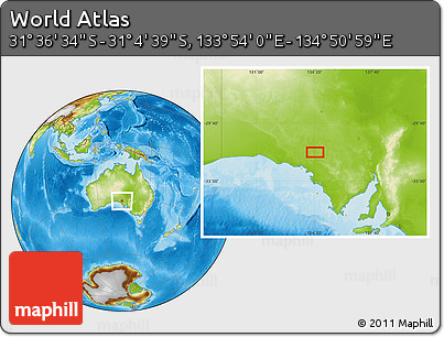 Physical Location Map of the Area around 31° 20' 36" S, 134° 22' 30" E