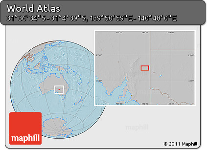 Gray Location Map of the Area around 31° 20' 36" S, 140° 19' 29" E, hill shading