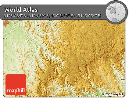 Physical Map of the Area around 31° 20' 36" S, 151° 22' 30" E