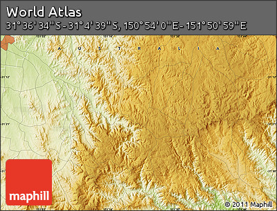 Physical Map of the Area around 31° 20' 36" S, 151° 22' 30" E