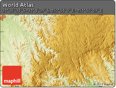 Physical Map of the Area around 31° 20' 36" S, 151° 22' 30" E