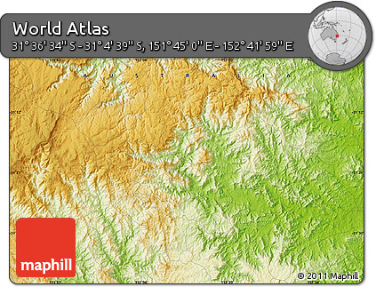 Physical Map of the Area around 31° 20' 36" S, 152° 13' 29" E