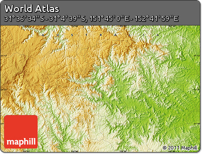 Physical Map of the Area around 31° 20' 36" S, 152° 13' 29" E