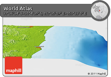 Physical Panoramic Map of the Area around 31° 20' 36" S, 153° 4' 29" E