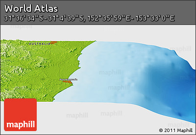 Physical Panoramic Map of the Area around 31° 20' 36" S, 153° 4' 29" E