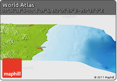 Physical Panoramic Map of the Area around 31° 20' 36" S, 153° 4' 29" E