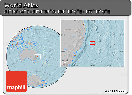 Gray Location Map of the Area around 31° 20' 36" S, 154° 46' 30" E, hill shading