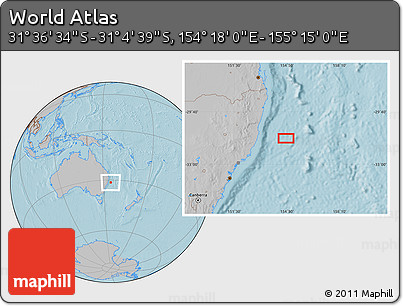 Gray Location Map of the Area around 31° 20' 36" S, 154° 46' 30" E, hill shading