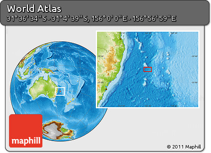 Physical Location Map of the Area around 31° 20' 36" S, 156° 28' 29" E