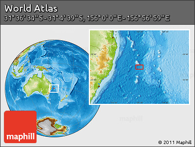 Physical Location Map of the Area around 31° 20' 36" S, 156° 28' 29" E