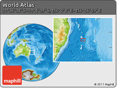 Physical Location Map of the Area around 31° 20' 36" S, 156° 28' 29" E