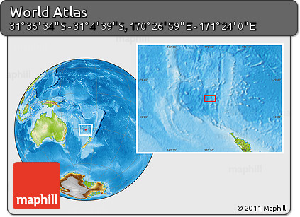 Physical Location Map of the Area around 31° 20' 36" S, 170° 55' 30" E