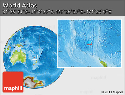 Physical Location Map of the Area around 31° 20' 36" S, 170° 55' 30" E