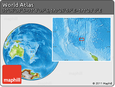 Physical Location Map of the Area around 31° 20' 36" S, 170° 55' 30" E