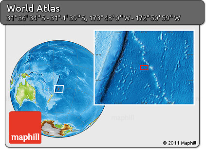 Physical Location Map of the Area around 31° 20' 36" S, 173° 19' 29" W