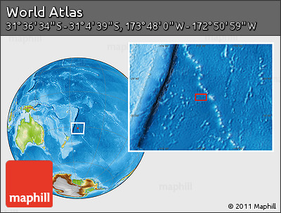 Physical Location Map of the Area around 31° 20' 36" S, 173° 19' 29" W